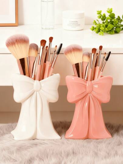 1pc Makeup Brush Holder, Multi-Functional Desk Makeup Organizer Cup, Space-Saving, Easy Access, Suitable For Vanity, Bedroom, Bathroom, Dorm, Home Use, Cute Bow Design, Fashionable Makeup Brush Holder, Makeup Storage Cup, Makeup Display Stand
