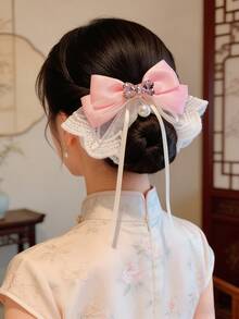 1pc Lace Bow Hair Clip, Ethereal Big Bow Veil Ribbon Hair Accessory, Sweet And Gentle - Multicolor - View 2