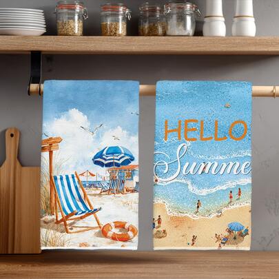2pcs Summer Beach & Ocean Pattern Kitchen Towels, Soft Polyester Material Dish Cloths, Suitable For Kitchen Decor, Cleaning, Holiday Party Decoration, Kitchen & Bathroom Essentials, Home Decor, Housewarming Gift
