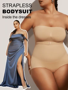 1pc Women Plus Size Seamless Strapless Jumpsuit, Removable Strap, Slimming, Shaping, Black, Summer - Apricot - View 6