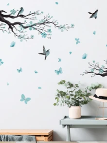 1 pieza Adhesivo de pared con rama de árbol y pájaro con flores azules, decoración autoadhesiva para sala de estar y dormitorio - pétalos azules - Ver 3