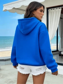Women's Summer Lightweight Breathable Oversized Hoodie, Casual Solid Color Long Sleeve Hooded Sweatshirt With Kangaroo Pocket, Versatile Summer Streetwear Top,Summer Knitwear, Summer Women's Clothing, Summer Sweatshirts, Summer Tops,Sports Sweatshirt - 寶藍色 - 查看 3