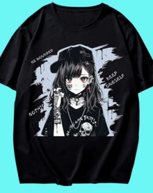 T-shirt imprimé Punk Anime Girl, manches courtes, col rond, style streetwear décontracté, coupe classique pour adultes, idéal toute l'année - Noir, vêtements inspirés des animés - Noir - Voir 1