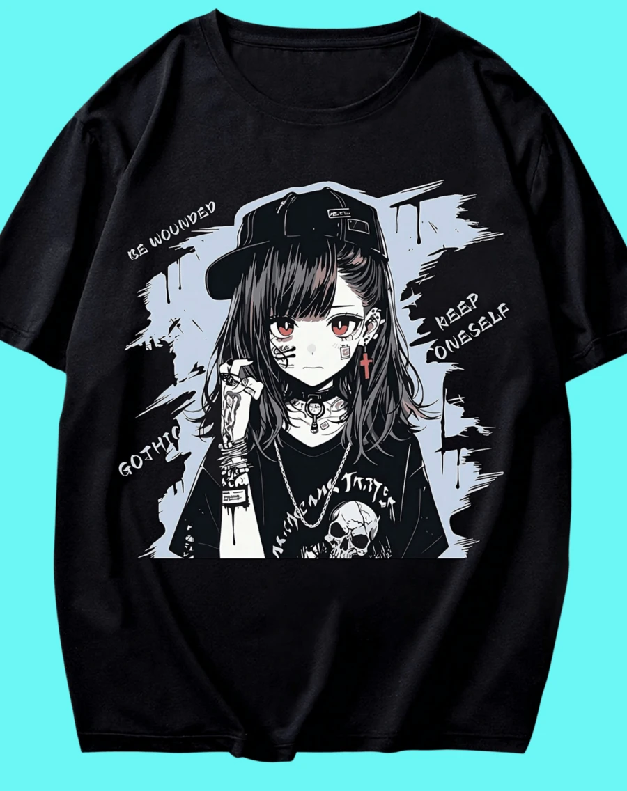 T-shirt imprimé Punk Anime Girl, manches courtes, col rond, style streetwear décontracté, coupe classique pour adultes, idéal toute l'année - Noir, vêtements inspirés des animés - Noir - Voir 1