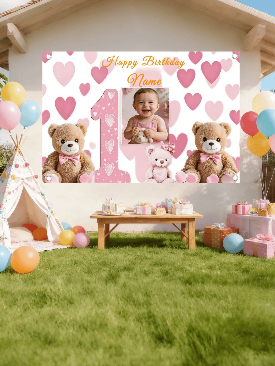 Customized "1pc" Heart-Shaped Bear Banner, Personalized Text Can Be Added. Made Of Durable Multipurpose Vinyl, Suitable For Birthday Parties, Baby Showers, Indoor/Outdoor Family Gatherings, Home Decor, And Photography Props. Includes Pre-Punched Corners And White Ribbon. Available In 3 Sizes. 2D Flat Design.