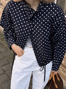 GDDYIN Women's Spring New Drawstring Zipper Polka Dot Stand Collar Casual Jacket - Black - View 4