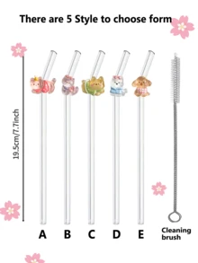 Bộ 5 ống hút thủy tinh hình động vật dễ thương dài 20cm, kèm cọ vệ sinh, hình mèo và chó, chịu nhiệt, có thể tái sử dụng, thích hợp cho sinh tố, cà phê đá, trà, quà tặng tiệc tùng, đồ uống mùa hè. - Xem 3
