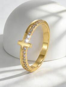 Charm-In Paved CZ Side Cross 18K Gold Plated Copper Ring | Dainty Stackable Fashion Ring For Women | Perfect Anniversary & Religious Gift - Gold - View 3