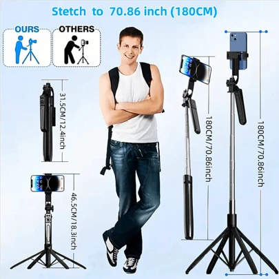 Gậy selfie kiêm chân máy Roreta với đoạn nối dài 1800mm, điều khiển từ xa Bluetooth, xoay 360°, giao diện 1/4 inch dành cho điện thoại, máy ảnh, vlog.