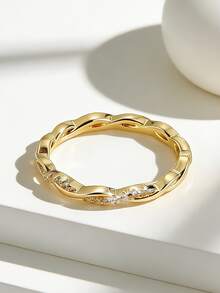 Charm-In Twisted Braided CZ Half Eternity 18K Gold Plated Copper Ring | Textured Stackable Band For Wedding, Engagement & Daily Wear - Gold - View 3