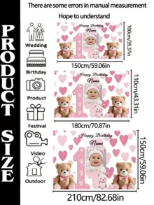 Customized "1pc" Heart-Shaped Bear Banner, Personalized Text Can Be Added. Made Of Durable Multipurpose Vinyl, Suitable For Birthday Parties, Baby Showers, Indoor/Outdoor Family Gatherings, Home Decor, And Photography Props. Includes Pre-Punched Corners And White Ribbon. Available In 3 Sizes. 2D Flat Design. - Multicolor - View 4