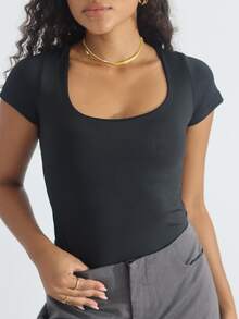 Set Of 2 Women's Bodysuits With Square Neckline And Short Sleeves, Spandex Fabric - Hitam/merah muda bayi - View 3