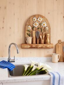2D Hand-Crafted Wooden Sculpture Of Daisy Flower And Kitchen Utensils - Vintage Carving Style, Visible Wood Grain, Cottagecore Collage, With Whisk, Spoon And Other Kitchen Decors On Wooden Wall - Multicolor - View 6