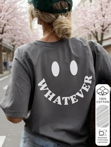 女款個性化 Whatever 面孔圖案寬鬆大尺碼 T 恤，100% 純棉圓領短袖，Y2K 街頭風度假休閒夏季款 - 深灰色 - 查看 2