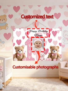 Customized "1pc" Heart-Shaped Bear Banner, Personalized Text Can Be Added. Made Of Durable Multipurpose Vinyl, Suitable For Birthday Parties, Baby Showers, Indoor/Outdoor Family Gatherings, Home Decor, And Photography Props. Includes Pre-Punched Corners And White Ribbon. Available In 3 Sizes. 2D Flat Design. - Multicolor - View 11