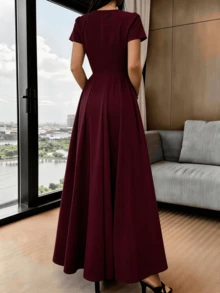 Long Dress With Short Sleeves, Square Neckline, Solid Color, Elegant, Sizes S M L - Burdeos - Ver 3
