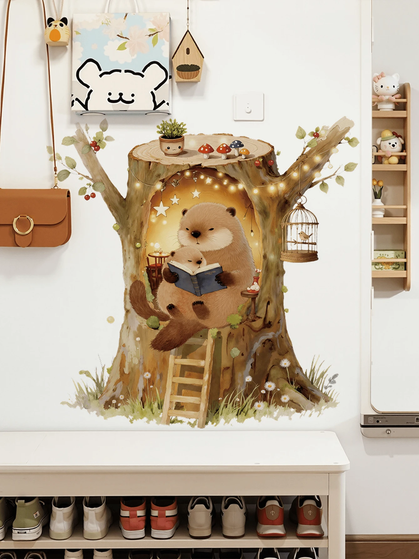 1pc Cozy Tree House Otter Family Reading Wall Sticker, Nature Style Removable Decal For Kids Room Bedroom - Bear Tree Hole - View 1