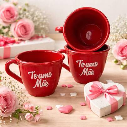 KIT 10 XICARA TE AMO MÃE 70ML ACRÍLICO VERMELHO - CAFÉ CHÁ DECORAÇÃO COMEMORAÇÃO