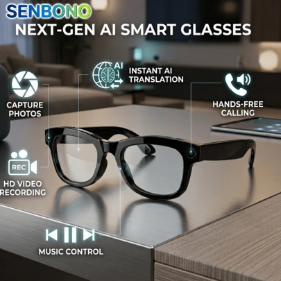  SENBONO AI智能视频眼镜，配备800万像素高清摄像头 | 支持100多种语言实时翻译 | 无线音乐通话 + 高清运动拍摄 | 内置麦克风和扬声器 | 高清语音通话 | HiFi音乐 | 超长待机 | 免提音频眼镜，适用于运动、驾驶、钓鱼、工作和日常佩戴 | 男女皆宜的时尚设计