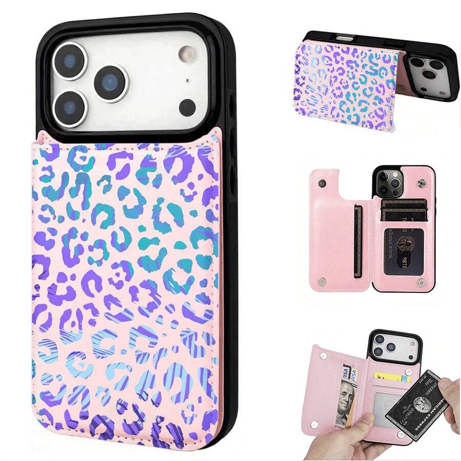 Purple And Blue Leopard Print/Wallet Card Holder,Credit Card Slots Phone Case For Iphone17/17air 16/15Pro 14/13pro12 11 ProMax Xs 16Plus Case, Cute Phone Case Galaxy S22/S23+S24 Plus/S25Ultra/ Cover For Women Girls Stylish Fashionable Coin Pocket Magnetic.A337 - 粉色 - 查看 1