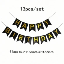 一套黑色生日快乐派对装饰横幅，金色箔纸“生日快乐”横幅，以及现代金属装饰横幅，适合生日派对装饰、黑金主题生日装饰，可悬挂于室内或用作拍照道具。也适用于黑色主题生日装饰、周年庆典、男女生日装饰和圣诞节装饰。 - A - 查看 13