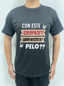 Camiseta de manga corta con estampado de letras negras para hombres de talla grande - Negro - Ver 2