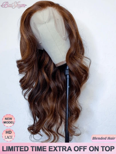 Honey Blonde Ombre Highlight Lace Front Wig Human Blended Hair Body Wave Lace Front Wigs Human Frontal Hair Pre Plucked 13x4 13x6 #4/27 Wig 200 Density Colored 26 Inch 5x5 Wear & Go Glueless Wig For Women