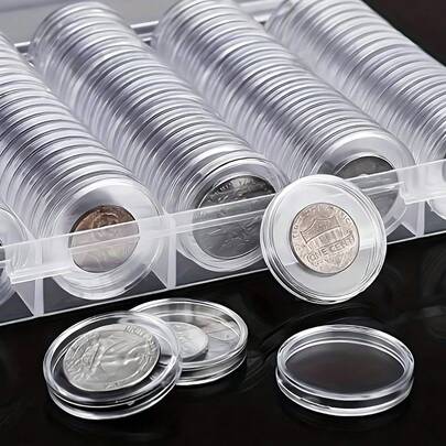 100-Piece Coin Collection Box Set - Transparent Coin Capsules, Round Plastic Coin Holders, Coin Collection Storage Supplies, Commemorative Coin Protective Cases, Christmas, Transparent Round Plastic Coin Holders With Storage Box, Adjustable Coin Protective Cases, Commemorative Coin Protective Boxes, Collectible Coins, Round Boxes