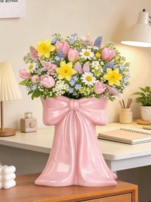 1个时尚树脂花瓶，带蝴蝶结装饰，少女风家居装饰花瓶，浪漫婚礼装饰蝴蝶结造型树脂花瓶，婚礼/毕业/生日/节日礼物，送给女朋友/男朋友的礼物，房间装饰花瓶，情人节花瓶 - 彩色 - 查看 3