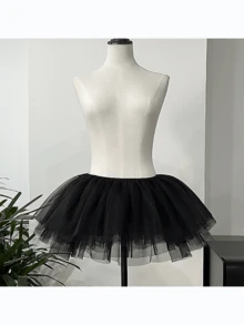 Women's Solid Color Lolita Petticoat, 6-Layer Soft Yarn Boneless Irregular Short Fluffy Underskirt, All-Season For Daily & Cos Maid Outfits - Black 28 - View 7