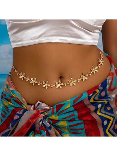 1 pieza Cadena de moda para la cintura con flores 3D frescas y bohemias para mujer, adecuada para el verano y la playa