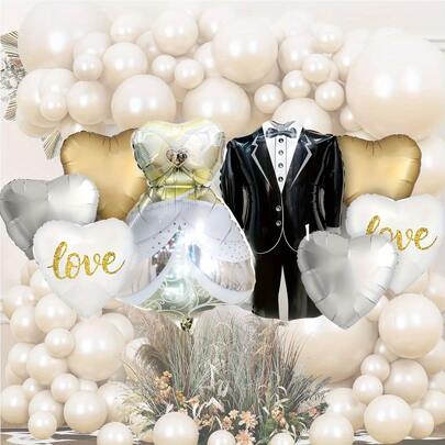 8pcs Valentine's Day & Wedding Theme Party Decorations, Bride & Groom Suit Balloons Set