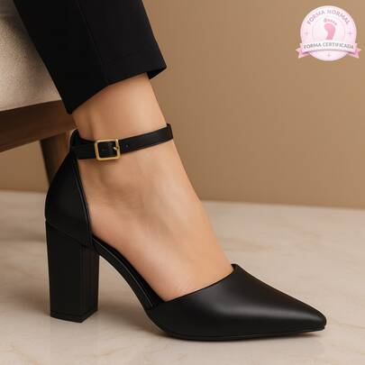 Rosavivi Sapato Scarpin Feminino Bico Fino Salto Bloco Grosso Com Fivela 027
