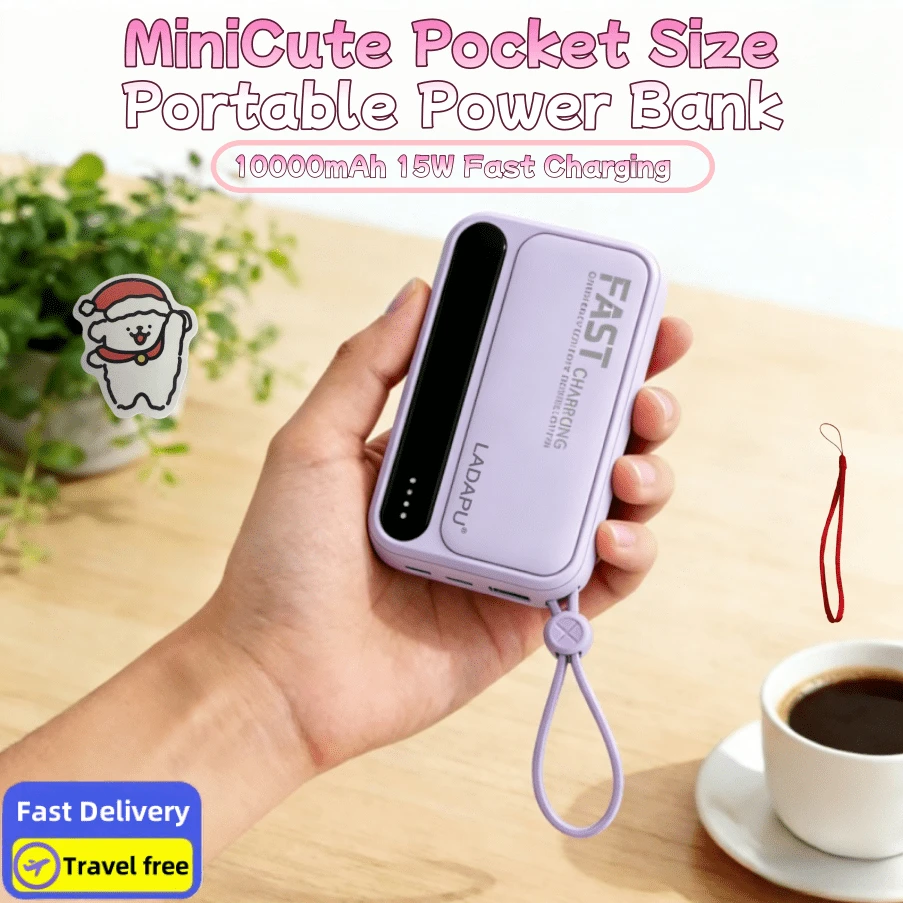 LADAPU 10000mAh Mini Cute 15W Fast Charging Power Bank, Small Size Large Capacity, Rechargeable Portable Mobile Phone Charger, Built-In 4 Cables, Outdoor Travel Battery Packs, LED Digital Display, Micro Interface, USB-C Input - Màu tím - Xem 1