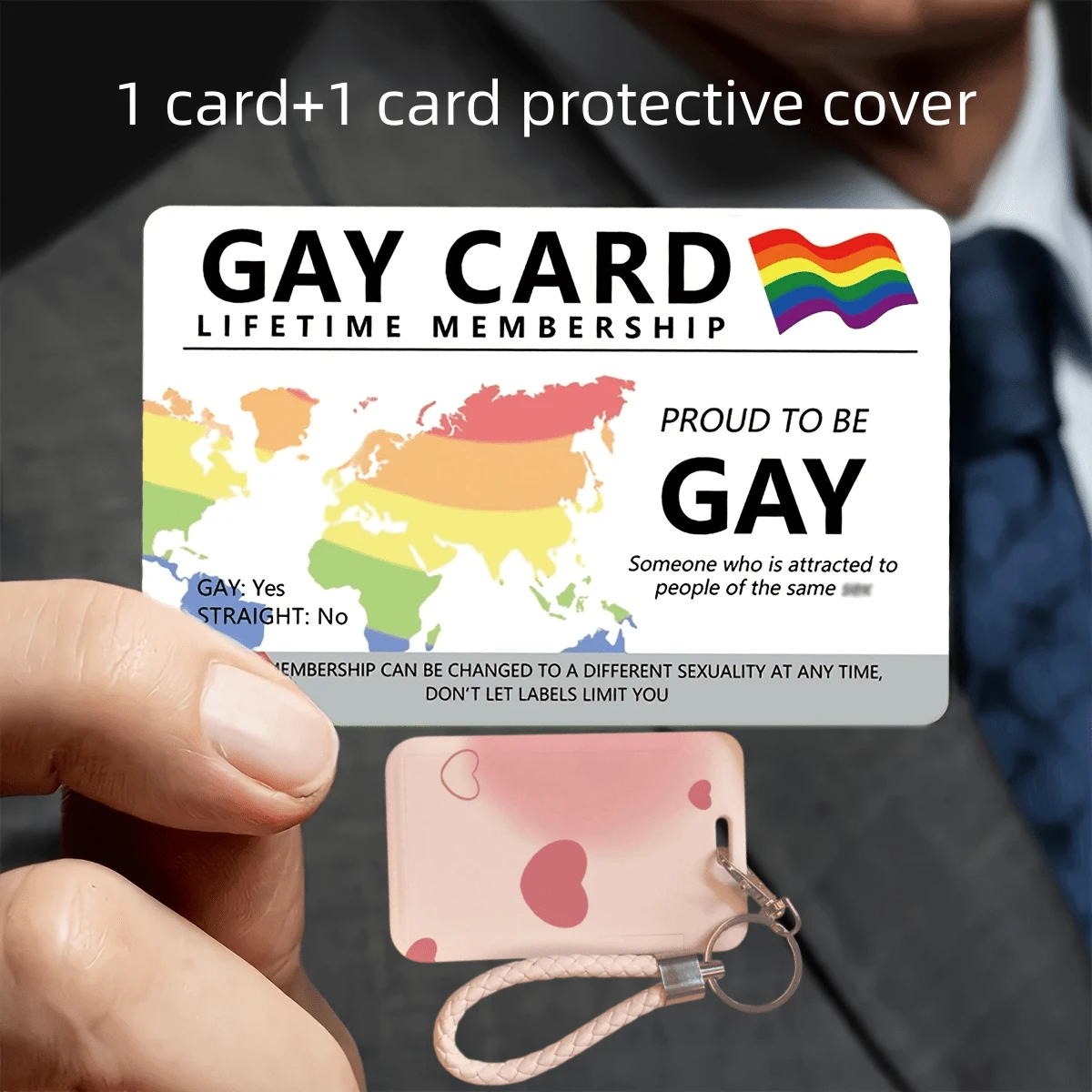 1 张 LGBTQ+ 骄傲终身会员卡 + 1 个心形卡套,装饰性 PVC 卡片,非贴纸,双面彩虹条纹梦幻图案,光滑表面,长方形 - 彩色 - 查看 1