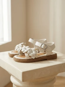 Sandal đế bằng kiểu retro cho bé gái 3-12 tuổi, chất liệu PU mềm mờ, họa tiết hoa 3D, đính đá lấp lánh, có khóa dán điều chỉnh được, màu be. - Màu be - Xem 5