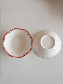 1pc Embossed Red Rim Ceramic Small Dish, Ins Style Snack Condiment Plate, Food Contact Tableware Dish, Suitable For Home, Restaurant, Gathering, Party - Red - View 8