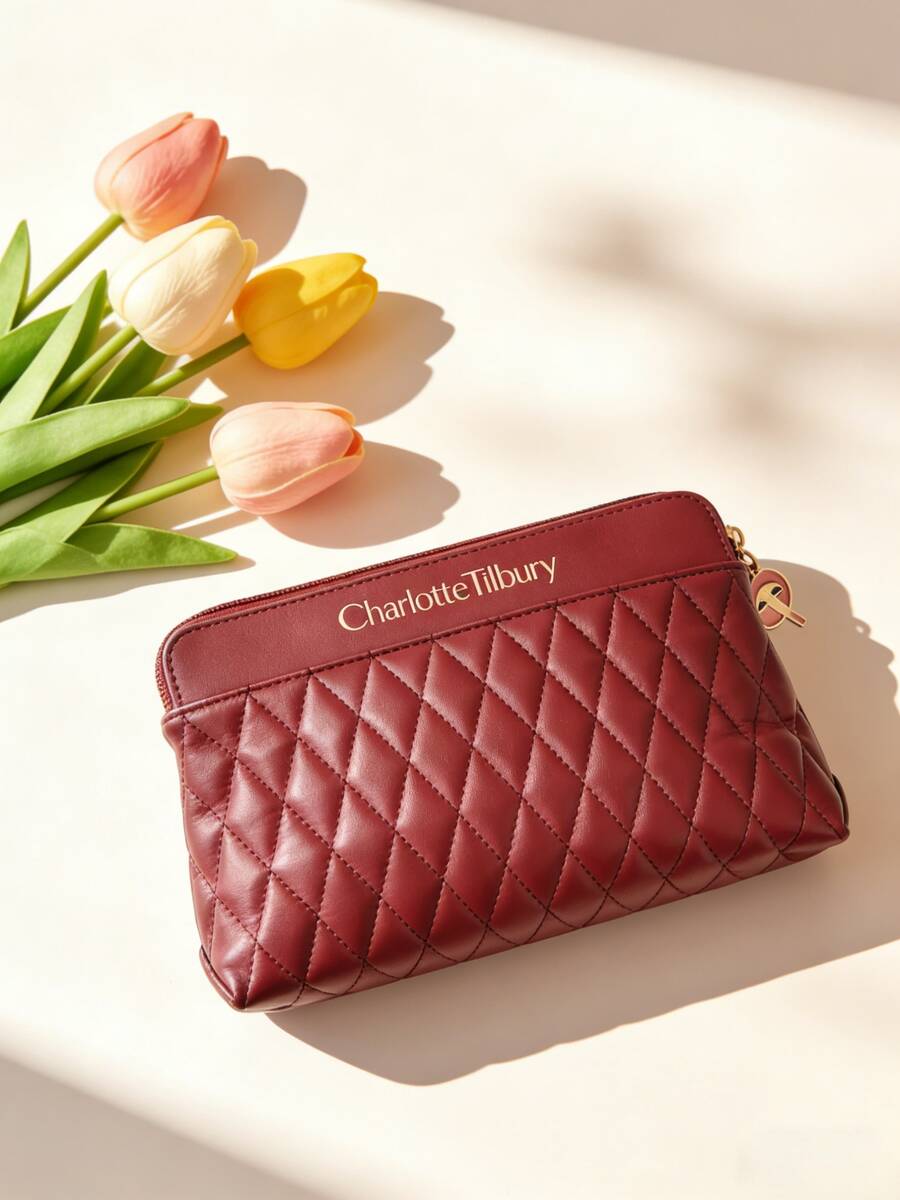 Charlotte Tilbury Quilted Makeup Bag - Available In Pink And Burgundy, Luxury Makeup Pouch With Rose Gold Zipper, Portable Travel Organizer - Burgundy - View 1