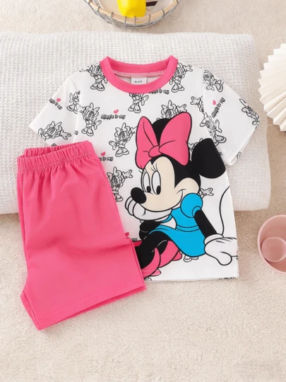Disney 女婴夏季印花柔软针织短袖上衣和短裤睡衣套装，女婴纯色休闲家居服