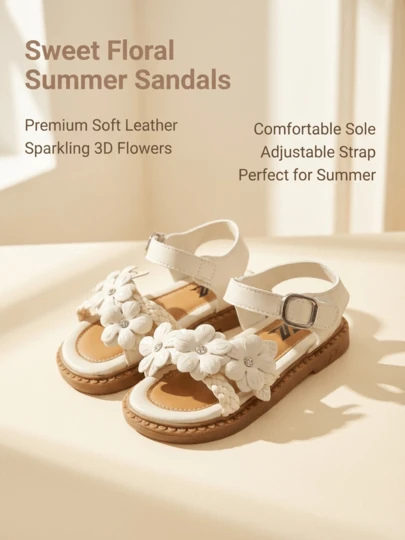 Sandal đế bằng kiểu retro cho bé gái 3-12 tuổi, chất liệu PU mềm mờ, họa tiết hoa 3D, đính đá lấp lánh, có khóa dán điều chỉnh được, màu be.