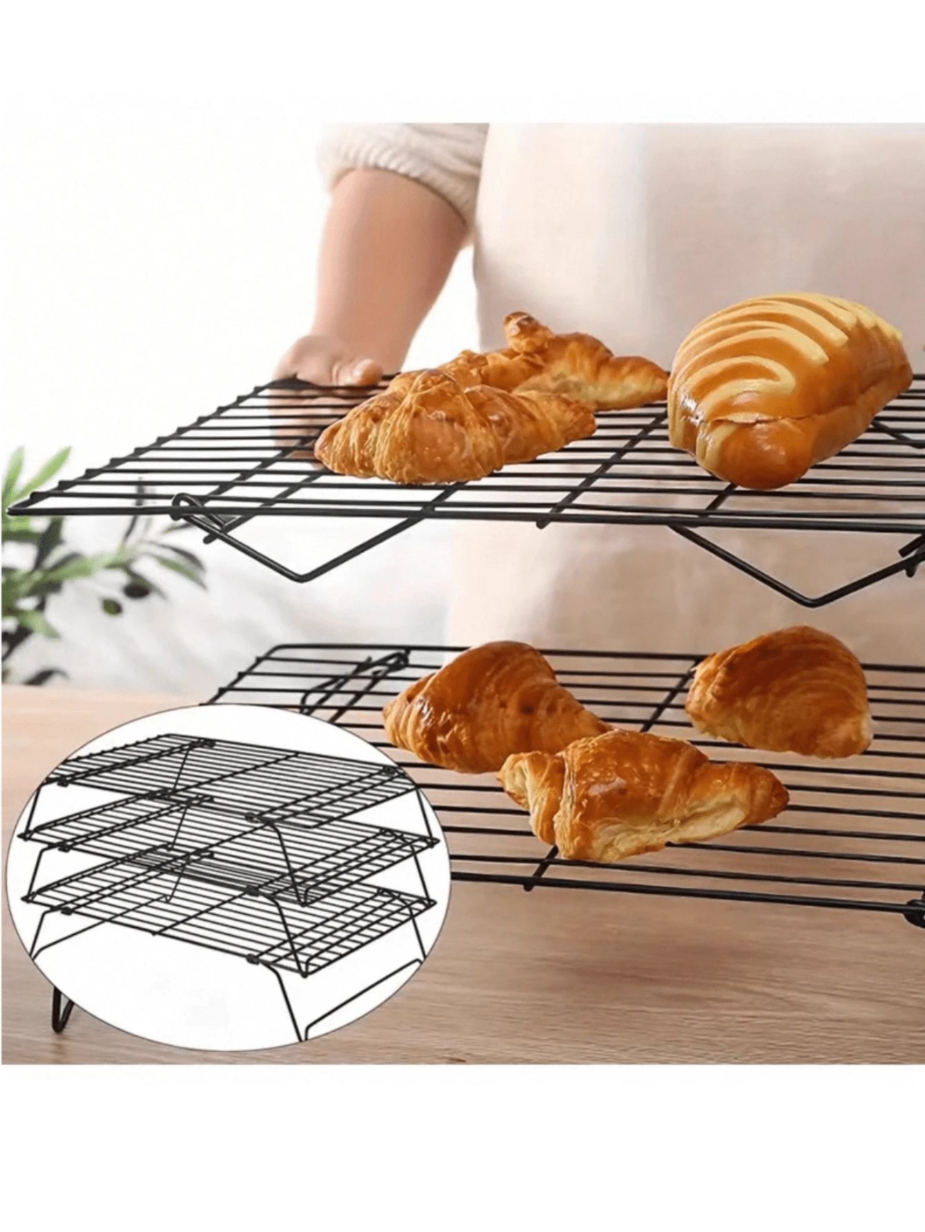3-Tier Foldable Cooling Rack, Metal Wire Baking Tray, Stackable Dry Cooling Rack With Adjustable Height, Suitable For Camping Grilling, Cookies, Cakes Etc. - Quickly Cools Multiple Batches Of Cookies, Cakes Or Pastries, Can Be Used For Cooking, Baking, Cooling Cookies, Cakes And More. - Black - View 1