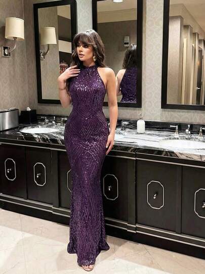 LOVE&LEMONADE Mermaid Tail Sequin Halter Party Mermaid Dress, Elegant Formal Evening Gown For Banquet, Wedding Guest, Suitable For Graduation Ceremony, Banquet And Other Occasions Spring