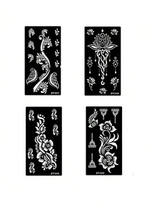 4pcs Floral Tattoo Stencil Stickers, Plant Hollow Temporary Tattoo Template For Arm, Leg, DIY Body Art Painting Party - Black - View 10