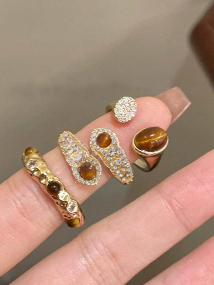 Juego de 3 piezas/Set de anillos ajustables con lazo minimalista y cuentas de perlas, joyería delicada apilable, regalo para novia, hermana, Halloween - Multicolor - Ver 1