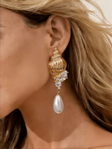 1 par de pendientes con forma de concha de mar de metal decorados con rhinestones, pendientes con diseño de concha de mar decorados con perlas de gota, adecuados para que las mujeres los usen en vacaciones en la playa u ocasiones de fiesta - Multicolor - Ver 4