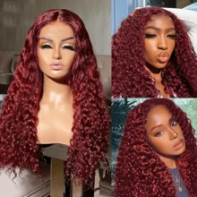 Perruques Lace Front Wigs Deep Wave 99J Bordeaux 13x6, cheveux humains, HD 13x6, densité 200 %, cheveux brésiliens vierges, pré-épilés avec cheveux de bébé. - 99j - Voir 3