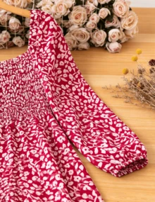 Women's Plus Size Red Floral Wide Leg Jumpsuit - Smocked Bodice Puff Sleeve Square Neck Jumpsuit, Lightweight Breathable One-Piece Outfit For Daily & Weekend Outings - 紅色 - 查看 5