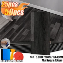 25 Packs/50 Packs Of 3D Wood Grain Vinyl Floor Tiles, Measuring 15.75 Inches X 5.91 Inches, Can Be Torn And Pasted PVC Floor Stickers, Removable And Reusable, Suitable For Home Decoration, Living Room, Bedroom, Dining Room, Dormitory, Etc. - 黑色 - 查看 1