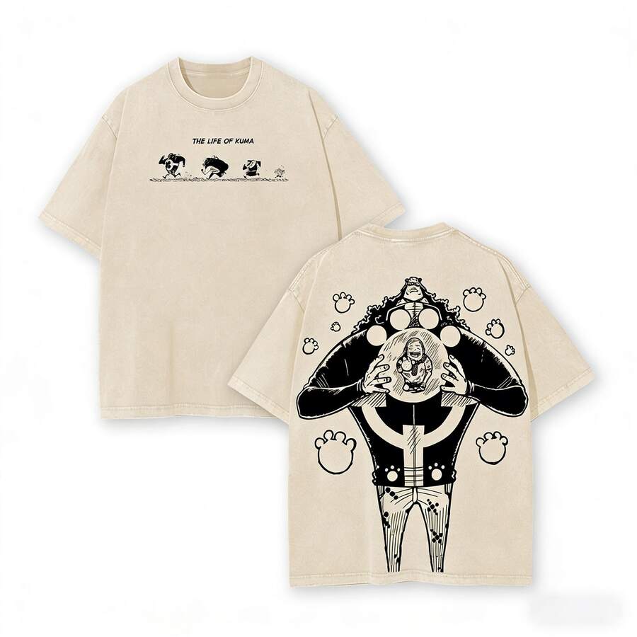 Vintage Washed One Piece Bartholomew Kuma "The Life Of Kuma" Manga Protective Paw Graphic Oversized T-Shirt, Paw-Paw Fruit Anime Tee, Revolutionary Army Streetwear Tops For Manga Lovers, Anime Shirts, Men's Vintage T Shirts,100 Percent Cotton Mens Clothes,Unisex Graphic T Shirt, Y2k Clothes - Màu be - Xem 1