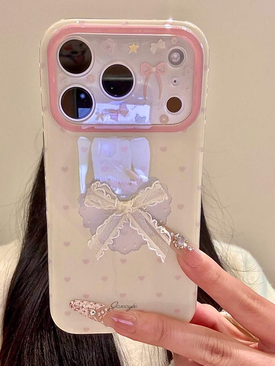 Cute 3D Strawberry Bow Soft Phone Case, Suitable For IPhone 17/16/15/14/13/12 Pro Max, Adorable Fruit Anti-Drop Protective Cover - White Base With Pink Heart - View 1